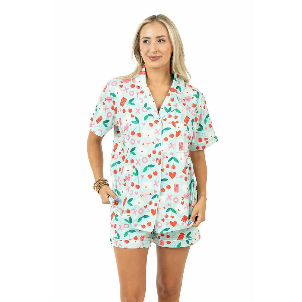 NEW KATYDID xo cherries valentine's day print loungewear set in mint